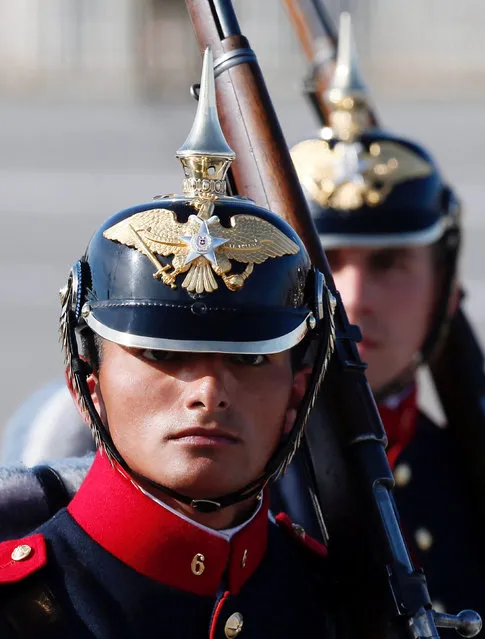 A Chilean army soldier marches during the annual military parade at the Bernardo O'Higgins park in Santiago, Chile, September 19, 2016. (Photo by Rodrigo Garrido/Reuters)