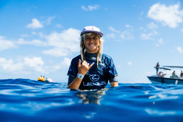 Twelve-year-old Kelia Gallina of French Polynesia after surfing in Heat 1 of the Elimination Round at the Lexus Tahiti Pro on August 8, 2025 at Teahupoo, Tahiti, French Polynesia.(Photo by Brent Bielmann/World Surf League via Getty Images)