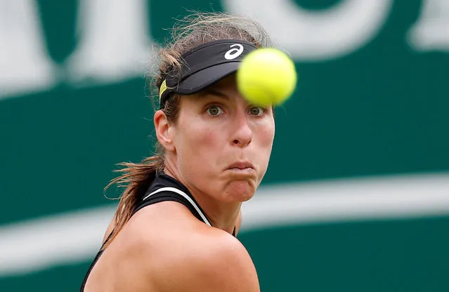 Johanna Konta of Great Britain plays a forehand during her first round match against Petra Kvitova of The Czech Rupublic on Day Four of the Nature Valley Classic at Edgbaston Priory Club on June 19, 2018 in Birmingham, United Kingdom. (Photo by Ed Sykes/Action Images via Reuters)