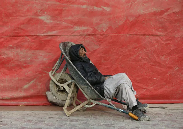 A worker sleeps in his wheelbarrow on a pathway in Kabul, Afghanistan November 30, 2015. (Photo by Mohammad Ismail/Reuters)