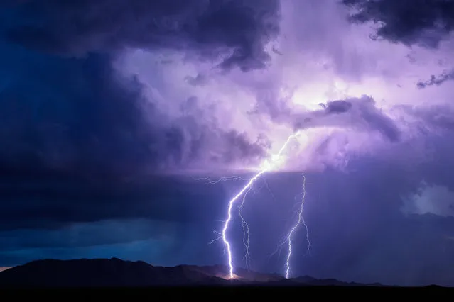 A gorgeous couple of lightning strikes hit the Sand Tank Mountains just after sunset in Arizona, USA, 1 July 2016. (Photo by Mike Olbinski/Barcroft Images)