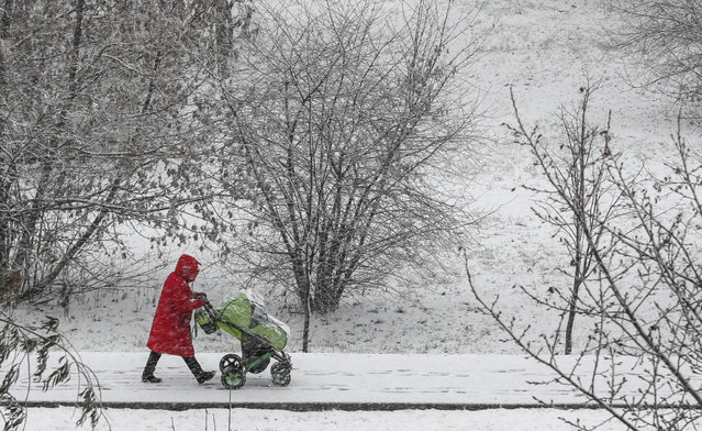 A Russian woman walks down a street with her child during a snowfall in Moscow, Russia, 12 November 2021. (Photo by Yuri Kochetkov/EPA/EFE)