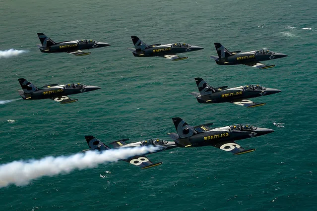 Flight of the Breitling Jet Team over Fort Lauderdale Beach on April 18, 2016 in Fort Lauderdale, Florida. (Photo by Splash News)
