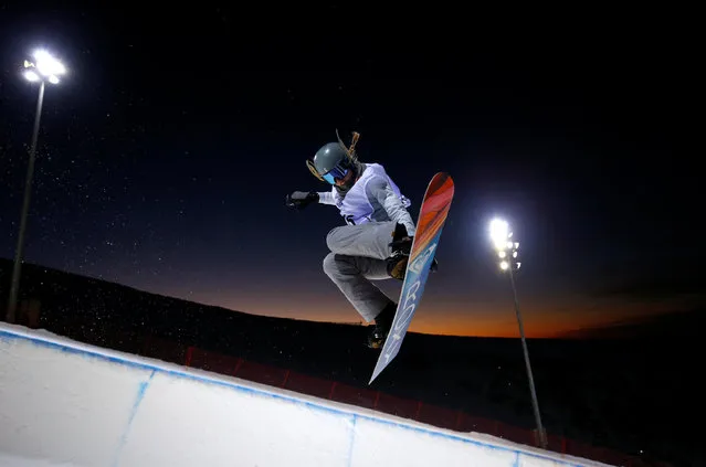 Freestyle Skiing, FIS Snowboarding and Freestyle Skiing World Championships, Snowboard Halfpipe training, Sierra Nevada, Spain on March 8, 2017. Emily Arthur of Australia jumps during training. (Photo by Paul Hanna/Reuters)