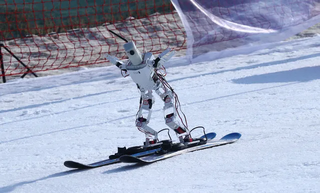 A robot skis down a slope during FMB (Fighting My Bots) Intelligence Competition at Badaling Ski Resort on February 27, 2021 in Beijing, China. (Photo by Qi Lianmin/VCG via Getty Images)