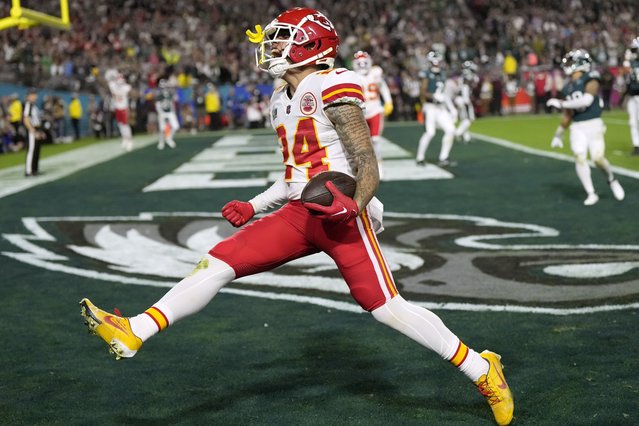 Kansas City Chiefs wide receiver Skyy Moore (24) celebrates his touchdown against the Philadelphia Eagles during the second half of the NFL Super Bowl 57 football game, Sunday, February 12, 2023, in Glendale, Ariz. (Photo by Ashley Landis/AP Photo)