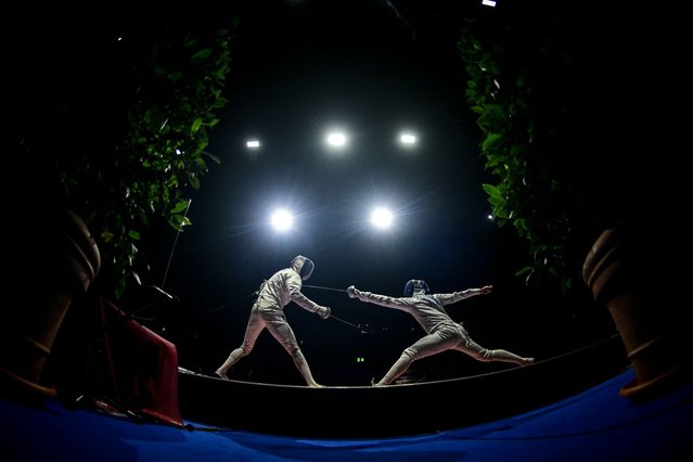France's Paul Allegre (L ) competes with Italy's Davide Di Veroli (R) in the Euro Basel 2024 Fencing European Championship in Basel Switzerland , on June 22,2024. (Photo by Olivier Chassignole/AFP Photo)