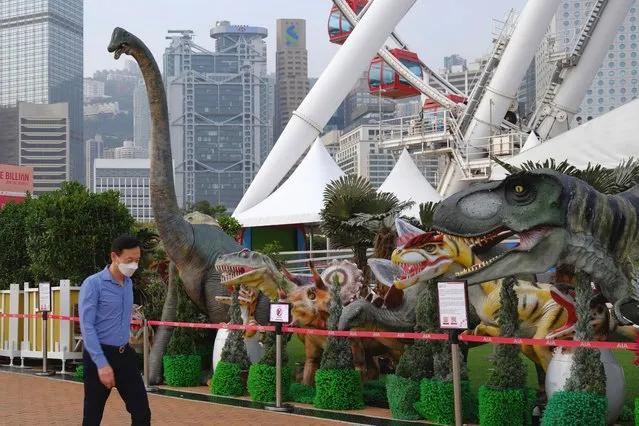 A man wearing face mask walks past some dinosaur models in the Central district in Hong Kong, Friday, March 18, 2022. (Photo by Vincent Yu/AP Photo)