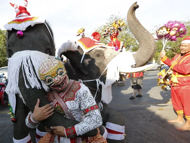 A Thai man wearing a costume depicting Hanuman, a charecter in the traditional Khon or Thai masked dance, poses for pictures with elephants dressed as Santa Claus, during Christmas celebrations with students at a school in the world heritage city of Ayutthaya, north of Bangkok, Thailand, 24 December 2018. The annual event is held every year for to celebrate the upcoming Christmas festive season and promote tourism in Ayutthaya. (Photo by Narong Sangnak/EPA/EFE)