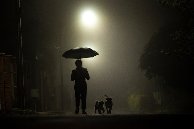 A woman walks with her pets during a foggy night in Brasilia, Brazil, 21 February 2022. (Photo by Joedson Alves/EPA/EFE/Rex Features/Shutterstock)