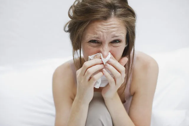 Sick woman in bed blowing nose. (Photo by Tom Merton/Getty Images)