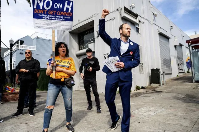 San Francisco District Attorney Chesa Boudin, who is fighting a recall effort on Tuesday's ballot, campaigns on Tuesday, June 7, 2022, in San Francisco. Recall proponents say Boudin's policies have made San Francisco less safe. (Photo by Noah Berger/AP Photo)