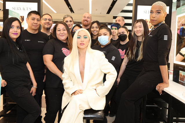 In this image released on June 16, 2022,  Founder Lady Gaga makes a surprise appearance to celebrate the Launch of Haus Labs by Lady Gaga at Sephora Century Westfield Century City store with Sephora Beauty Advisor team on June 16, 2022 in Los Angeles, California. (Photo by Amy Sussman/Getty Images for Haus Labs by Lady Gaga)