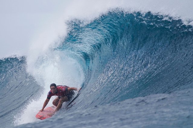 Australia's Tyler Wright rides a wave during the women's qurterfinals heat in the World Surf League (WSL) Tahiti pro, also a surfing test event for the Paris Olympic Games 2024, in Teahupo'o in Tahiti, French Polynesia on August 16, 2023. (Photo by Jerome Brouillet/AFP Photo)