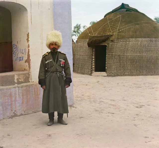 Photos by Sergey Prokudin-Gorsky. 'Dzhigit Ibragim'. Apparently, the picture depicted an employee of 1st Caucasian Potemkin Kuban Cossack regiment, stationed at the time of filming in the area of Merv. Jigits called Cossacks, who had special trained for riding. Russia, Transcaspian Region, Merv uyezd (district), Bairam-Ali area, 1911