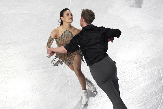 Madison Chock and Evan Bates, of the United States, compete in the ice dance's free dance segment at the ISU Grand Prix Finals of Figure Skating, Saturday, December 7, 2024, in Grenoble, France. (Photo by Laurent Cipriani/AP Photo)