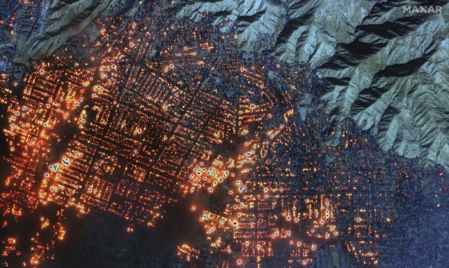 This satellite image provided by Maxar Technologies shows the Eaton Fire on Wednesday, January 8, 2025, in Altadena, Calif. (Photo by Maxar Technologies via AP Photo)
