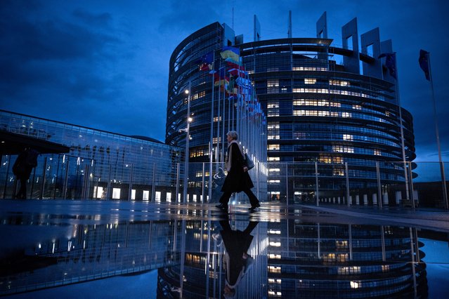 A person passes by the European Parliament building in Strasbourg, eastern France, on December 19, 2024. (Photo by Sebastien Bozon/AFP Photo)
