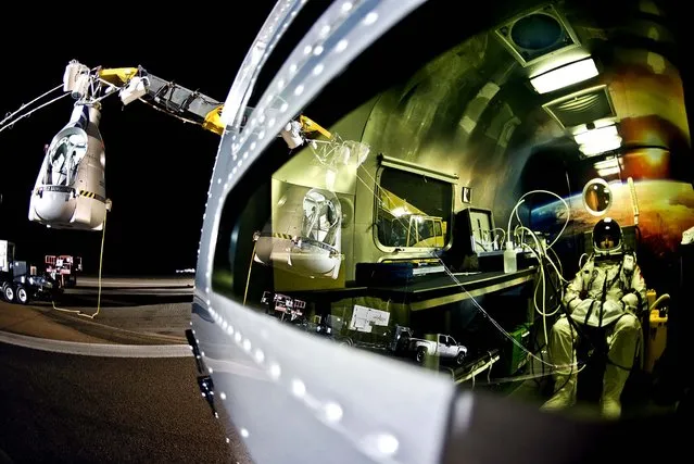 Baumgartner sits in his trailer as he waits to go aloft Sunday. (Photo by Joerg Mitter/Red Bull Stratos)