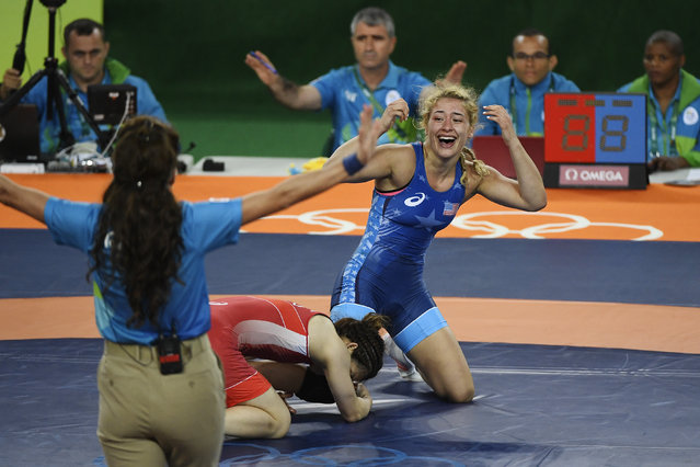 Helen Maroulis of the United States reacts to defeating Saori Yoshida of Japan during 53kg women's freestyle wrestling title match on Thursday, August 18, 2016. Maroulis defeated Yoshida 4-1 to capture the gold. Yoshida is the world's most decorated wrestler with three Olympic gold medals and 13 world titles. (Photo by Aaron Ontiveroz/The Denver Post)
