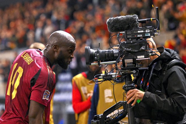 Belgium's forward #10 Romelu Lukaku speaks looking into a camera as he celebrates after scoring his team's second goal during the UEFA Nations League Play-offs Group A – second leg football match between Belgium and Ukraine at the Arena Genk – Cegeka Arena stadium in Genk, northeastern Belgium, on March 23, 2025. (Photo by John Thys/AFP Photo)