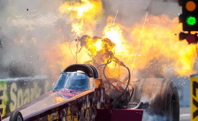 NHRA top fuel driver Kyle Wurtzel explodes an engine on fire during qualifying for the E3 Spark Plugs Nationals at Lucas Oil Raceway. in Clermont, Indiana on July 11, 2020. (Photo by Mark J. Rebilas/USA TODAY Sports)