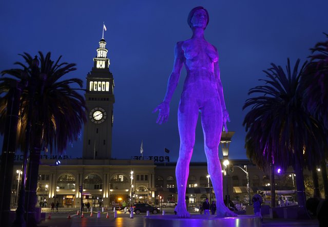 A 45-foot-tall metal sculpture of a nude woman, titled R-Evolution, by artist Marco Cochrane, stands in the Embarcadero Plaza on April 14, 2025 in San Francisco, California. Marco Cochrane's controversial metal sculpture of a nude woman was created for Burning Man in 2015 and is meant to represent strength and compassion. The installation will remain on public display for at least six months. (Photo by Justin Sullivan/Getty Images)