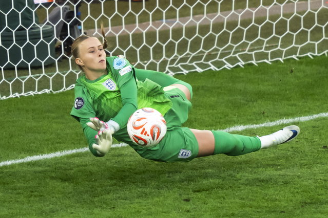 England's goalkeeper Hannah Hampton makes a save during the penalty shootout of the UEFA Women's EURO 2025 final soccer match between England and Spain, in Basel, Switzerland, 27 July 2025. (Photo by Til Buergy/EPA)