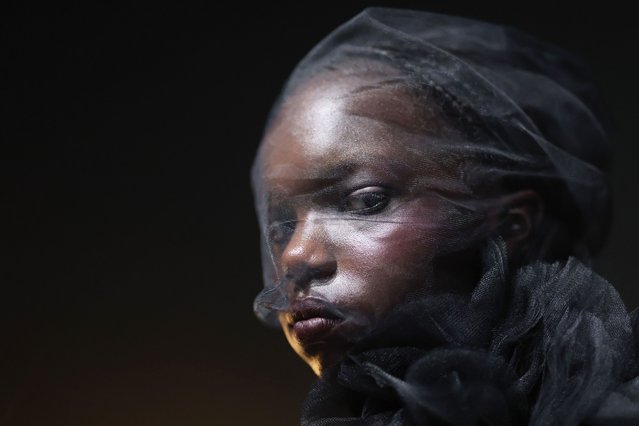 A model poses ahead of the COLLECTIVEFOUR Danny Reinke show during Berlin Fashion Week SS25 at Uber Eats Music Hall on July 03, 2024 in Berlin, Germany. (Photo by Joern Pollex/Getty Images)
