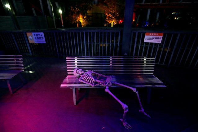 A fake skeleton is seen on a bench during a Halloween parade at Happy Valley park in Beijing, China October 31, 2016. (Photo by Jason Lee/Reuters)