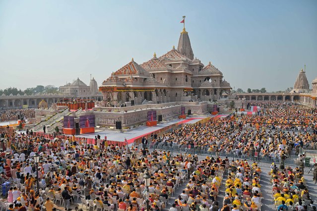 A handout photo made available by the Press Information Bureau (PIB) shows the Sriram temple in Ayodhya, Uttar Pradesh, India, 25 November 2025. Prime Minister Modi hoisted a saffron Dharma flag atop the newly built Ram temple, marking the formal completion of its construction. (Photo by Press Informaton Bureau Handout/EPA)