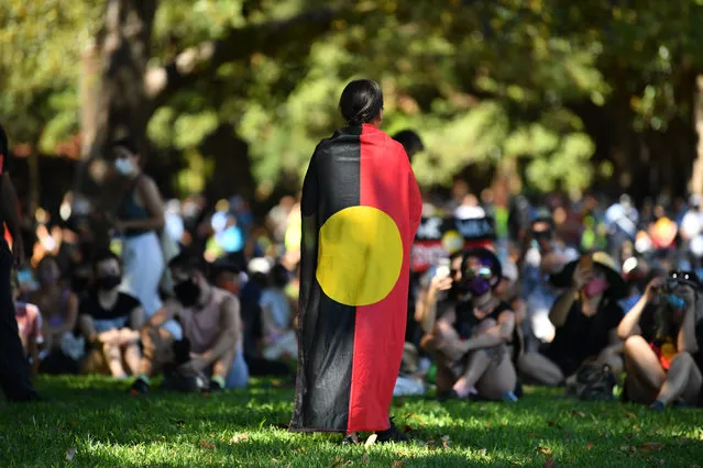 Kyah Patten addresses indigenous and non-indigenous protesters during an Invasion Day rally in The Domain in Sydney, Australia, 26 January 2021. Australia Day 2021 has been marked by debates about changing the date or abolishing the holiday, Australia Day honours, and whether rallies should go ahead. (Photo by Dean Lewins/EPA/EFE)