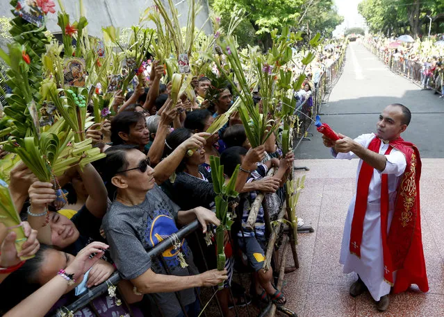 Devotees wave palm fronds as they are blessed by a Roman Catholic priest with holy water in observance of Palm Sunday at Baclaran church in suburban Paranaque city, southeast of Manila, Philippines, Sunday, March 25, 2018. Roman Catholics all over the world observe Palm Sunday by having palm fronds blessed by a priest to mark the entry of Jesus Christ into Jerusalem. (Photo by Bullit Marquez/AP Photo)