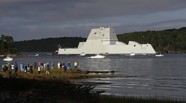 In this September 7, 2016 file photo, the future USS Zumwalt heads down the Kennebec River after leaving Bath Iron Works in Bath, Maine, on it's way to be commissioned. The Zumwalt, the most expensive destroyer ever built for the U.S. Navy, suffered an engineering problem in the Panama Canal Monday, November 21, 2016, and had to be towed to port. Third Fleet spokesman Cmdr. Ryan Perry said a vice admiral has directed the ship to remain at ex-Naval Station Rodman in Panama to address the issues. (Photo by Robert F. Bukaty/AP Photo)