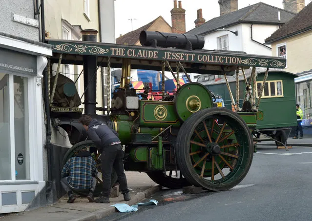 The scene in Star Lane, Dunmow, Essex, after a steam traction engine from Sussex on its way to the Saffron Walden Crank Up weekend steam show, crashed into a private dwelling on Friday, April 21, 2023. (Photo by Nicholas.T.Ansell/PA Images via Getty Images)