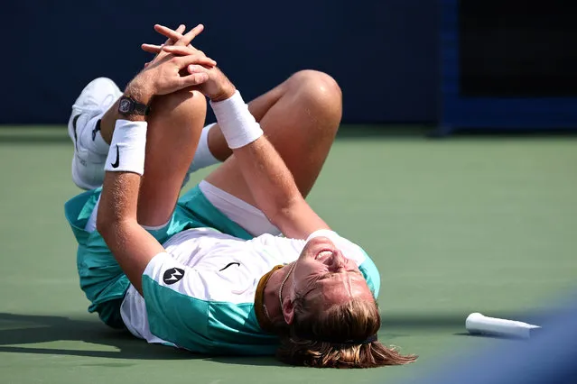 Sebastian Korda of the United States reacts after falling to the court during a quarterfinals match against Richard Gasquet of France in the Winston-Salem Open at Wake Forest Tennis Complex on August 24, 2023 in Winston-Salem, North Carolina. (Photo by Jared C. Tilton/Getty Images)