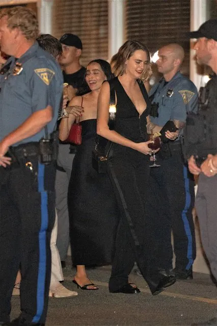 English model and actress Cara Delevigne shares a laugh as they head to the after party of Margarettes Qualley wedding at the Black Whale Bar & Fish House in Beach Haven, New Jersey on August 18, 2023. (Photo by Splash News and Pictures)