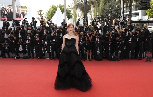 American actress Jessica Chastain poses for photographers upon arrival at the premiere of the film 'Annette' and the opening ceremony of the 74th international film festival, Cannes, southern France, Tuesday, July 6, 2021. (Photo by Vianney Le Caer/Invision/AP Photo)
