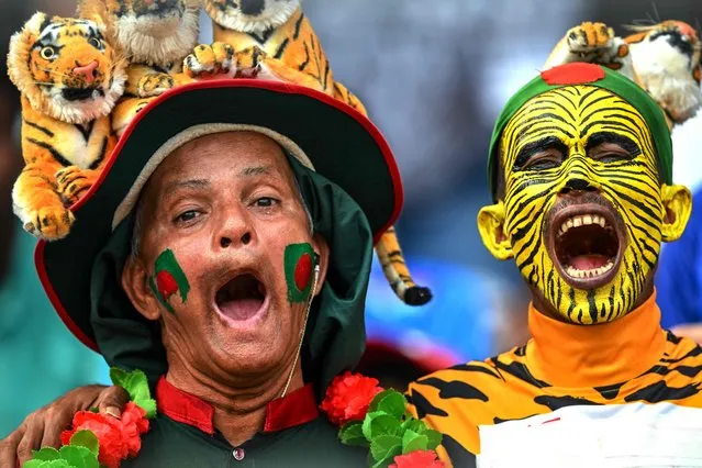 Fans cheer for Bangladesh's team during the 2023 ICC Men's Cricket World Cup one-day international (ODI) match between South Africa and Bangladesh at the Wankhede Stadium in Mumbai on October 24, 2023. (Photo by Indranil Mukherjee/AFP Photo)