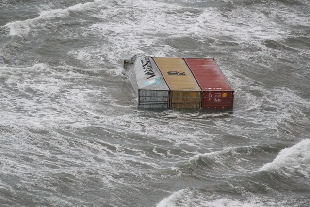 Floating containers that have fallen from the container ship MSC ZOE in the North Sea on January 3, 2019. Up to 270 containers had fallen off the Panamanian-flagged ship, one of the world's biggest container ships, in rough weather near the German island of Borkum and floated southwest toward Dutch waters. (Photo by Dutch Coastguard via Reuters)