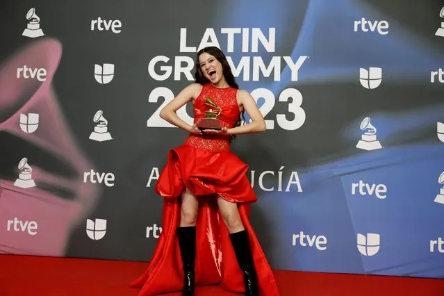 Singer Joaquina poses with the Best New Artist Award at the 24th Annual Latin Grammy Awards in Seville, Spain on November 17, 2023. (Photo by Jon Nazca/Reuters)