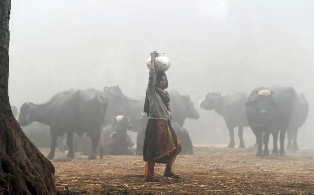 A Pakistani woman holds a water pot during a cold and foggy morning in Lahore on January 19, 2016. Ongoing foggy weather in Punjab and other parts of the country has badly affected flight and rail schedules. (Photo by Arif Ali/AFP Photo)