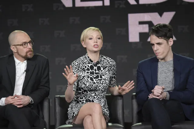 Sam Rockwell, from left, Michelle Williams and Steven Levenson participate in the “Fosse/Verdon” panel during FX TCA Winter Press Tour on Monday, February 4, 2019, in Pasadena, Calif. (Photo by Richard Shotwell/Invision/AP Photo)