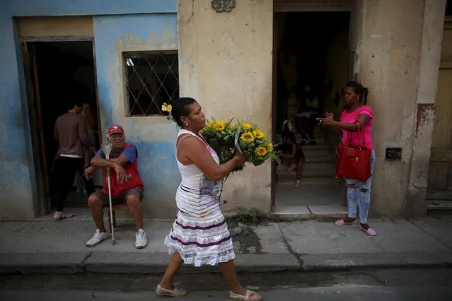 Yolanda Sanchez, 44, carries flowers from her home to be sold on the street in downtown Havana, March 19, 2016. (Photo by Alexandre Meneghini/Reuters)