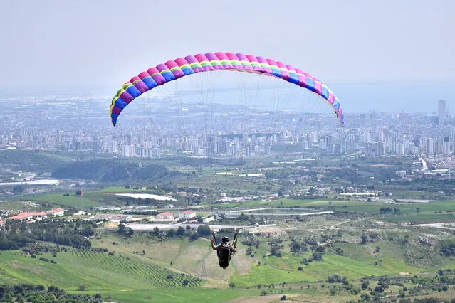 A parachutist flies over after taking off from Gelincik hill in Mersin, Turkey on April 8, 2019. Gelincik hill is the new frequent destination for parachutists. (Photo by Serkan Avci/Anadolu Agency/Getty Images)
