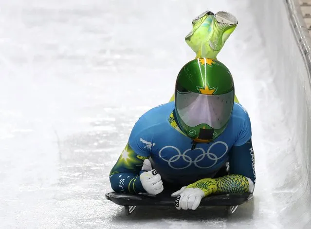 Jaclyn Narracott of Team Australia reacts during the Women's Skeleton heat 3 on day eight of Beijing 2022 Winter Olympic Games at National Sliding Centre on February 12, 2022 in Yanqing, China. (Photo by Edgar Su/Reuters)