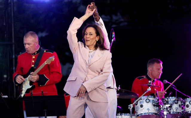 U.S. Vice-President Kamala Harris dances with Kirk Franklin during a Juneteenth concert hosted by U.S. President Joe Biden on the South Lawn at the White House in Washington, D.C., U.S. June 10, 2024. (Photo by Leah Millis/Reuters)