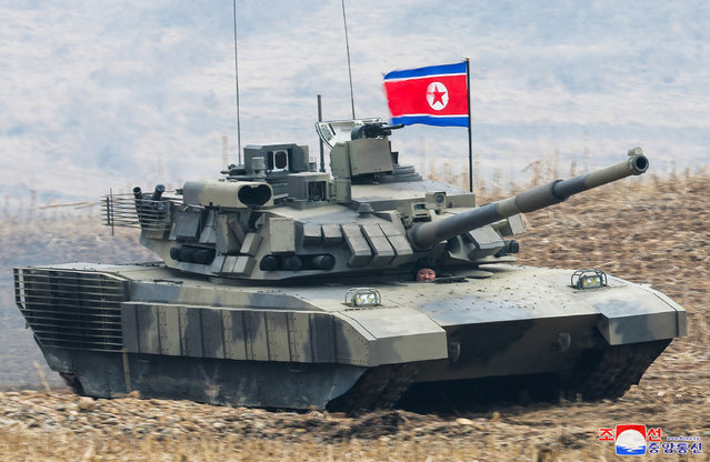 North Korean leader Kim Jong Un sits inside a tank during a military demonstration involving tank units, in North Korea, March 13, 2024 in this picture released on March 14, 2024, by the Korean Central News Agency.  (Photo by KCNA via Reuters)