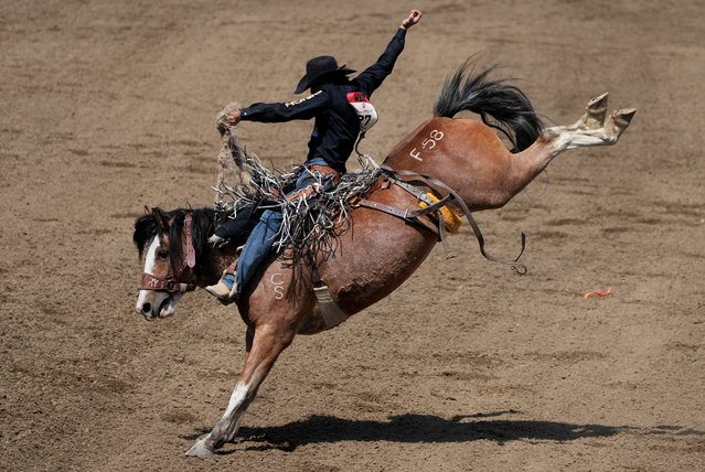 Brody Wells of Powell, Wyoming rides the horse Flashed Watts in the saddle bronc event during the rodeo at the Calgary Stampede in Calgary, Alberta, Canada on July 8, 2024. (Photo by Todd Korol/Reuters)