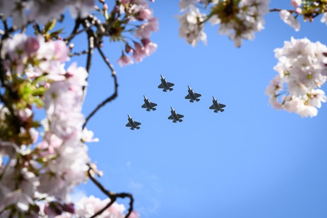 A formation of six F-35B Lightning fighter jets are seen over RAF Cranwell as they take part in a rehearsal of the flypast that will take place along The Mall to mark the Coronation of King Charles III, on April 25, 2023 in Sleaford, England. The six-minute flypast will take place on May 6, following the Coronation, with members of the Royal Family due to observe the display from the balcony of Buckingham Palace. (Photo by Leon Neal/Getty Images)